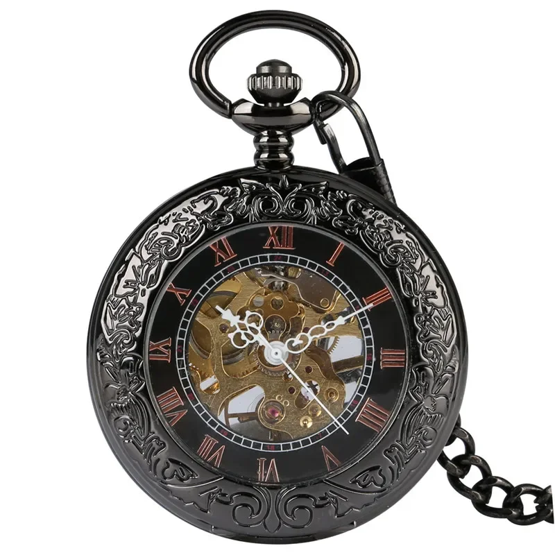 Luxury Hollow Case Retro Roman Number Steampunk Manual Skeleton Mechanical Hand-Winding Pocket Watch for Men Women Pendant Chain