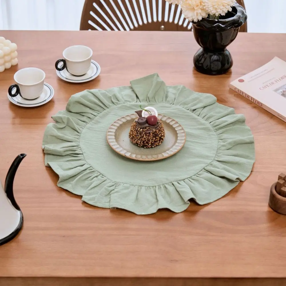 Soft Solid Color Ruffled Placemats Round Cotton Cloth Napkins Afternoon Tea Placemat for Wedding Decoration Table Decor