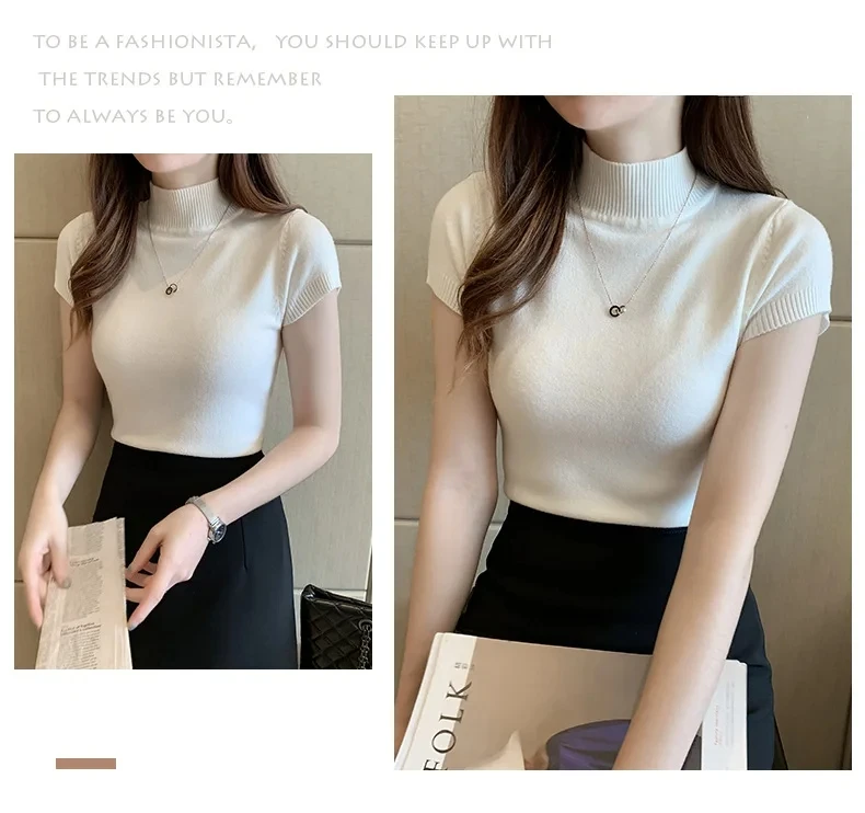 Damen-T-Shirt mit halbhohem Ausschnitt, modischer Pullover, lässige Oberteile, koreanischer Stil, elegante einfarbige Kleidung, Frühlings- und Sommersaison – Detail 3