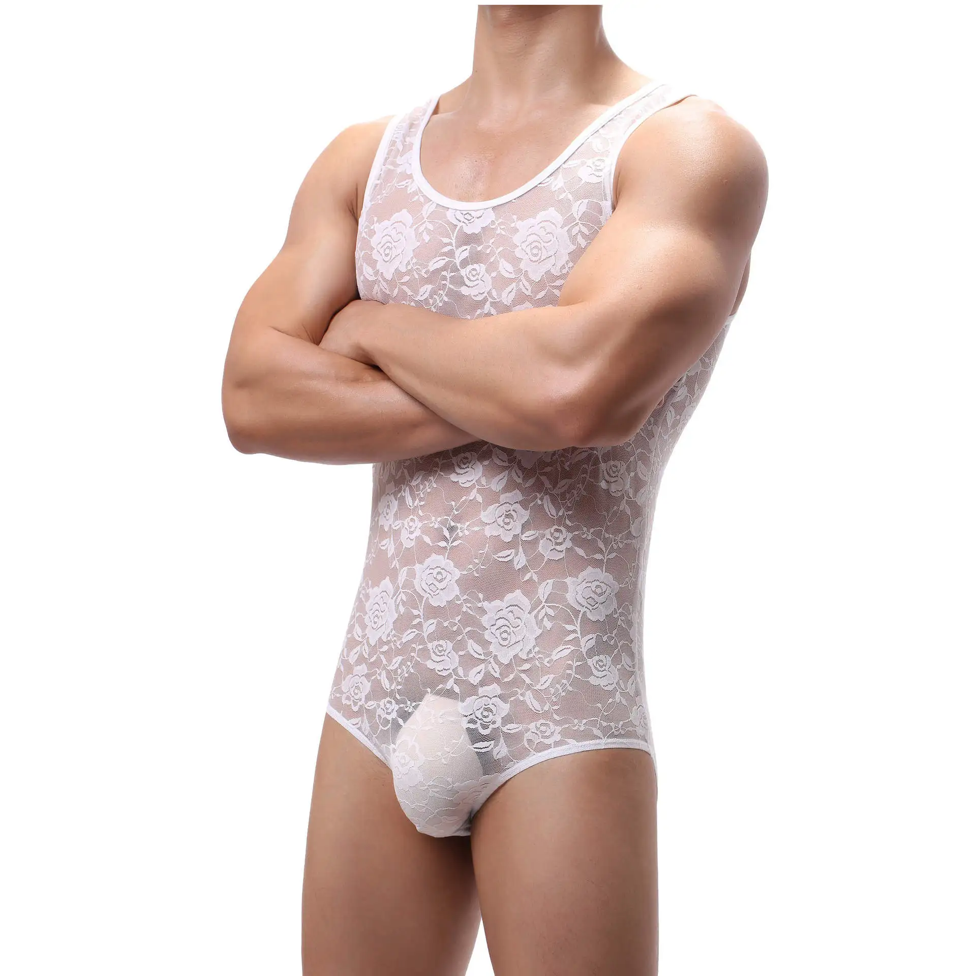 Men Undershirt Sexy Wrestling Suit Men Bodysuit Lace Jockstrap Gay Thong Swimsuit Transparent Bulge Pouch One-piece Shapers