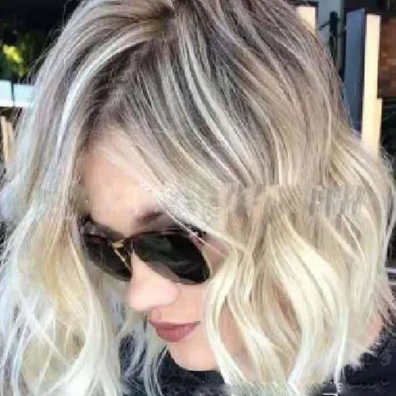 Perücke Damen Mittelscheitel Kurze lockige Farbverlauf Große Welle Farbverlauf Flauschige Birnenblüte Kurze Perücke Kurzes Haar