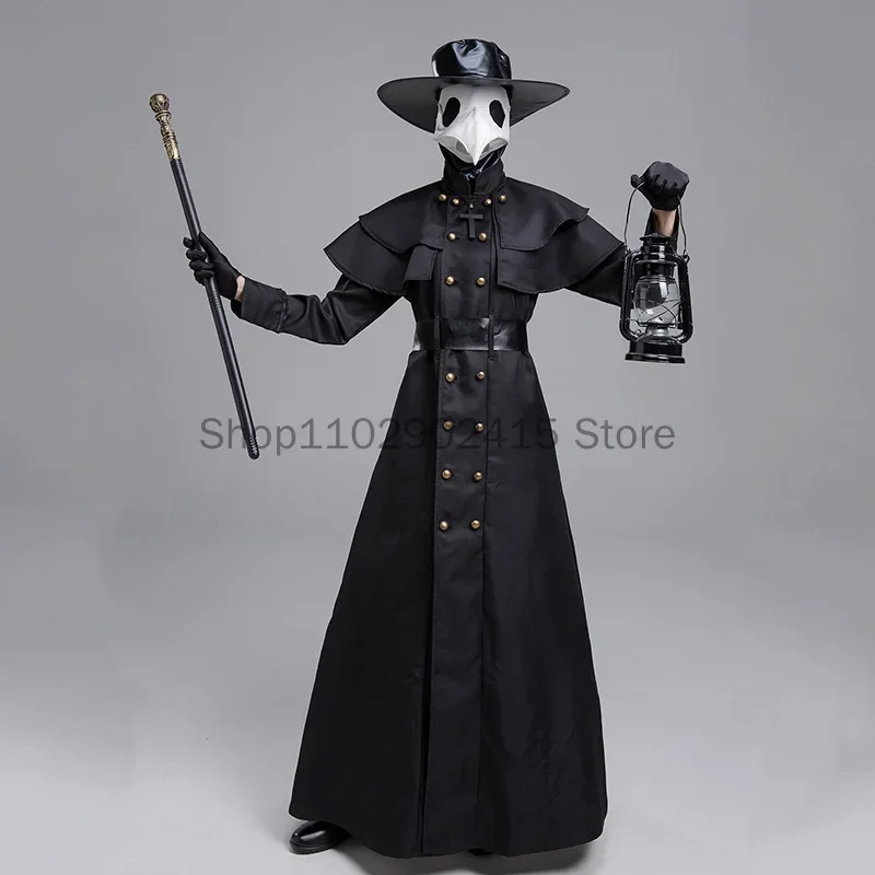 Medieval Halloween Hooded Robe Plague Doctor Costume Mask Hat for Men Monk Cosplay Steampunk Priest Horror Wizard Cloak Cape 5XL