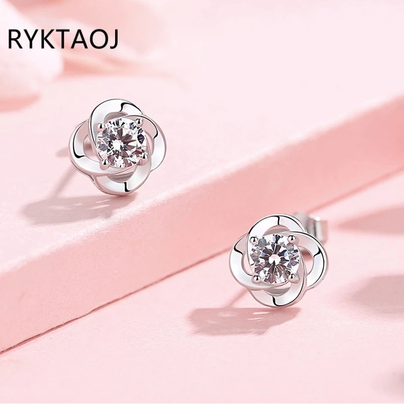 925 Sterling Silver Stud Earrings for Women Rotating Flower Cubic Zirconia Earring Wedding Party Fashion Jewelry Gift