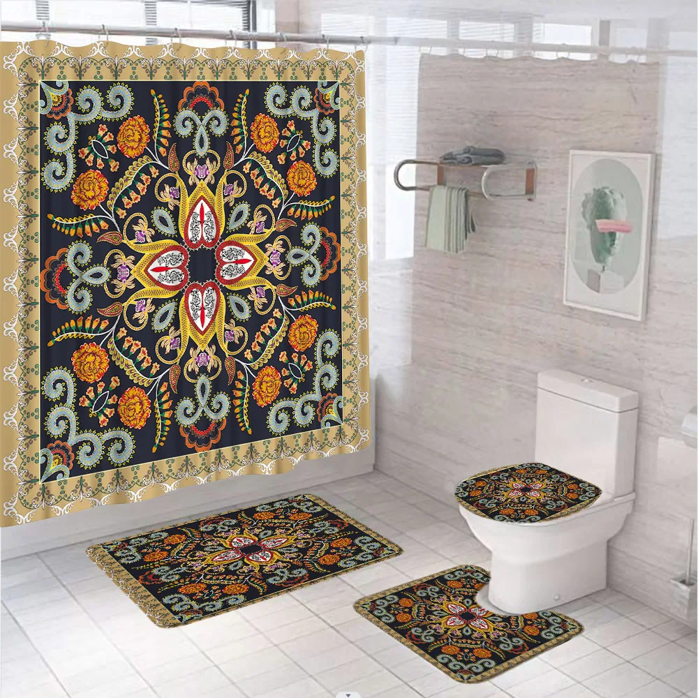 Bohemian Mandala Indian Shower Curtain Set Bathroom Screen Paisley Floral Boho Yoga Abstract Tribal Colorful Bath Mat Toilet Rug