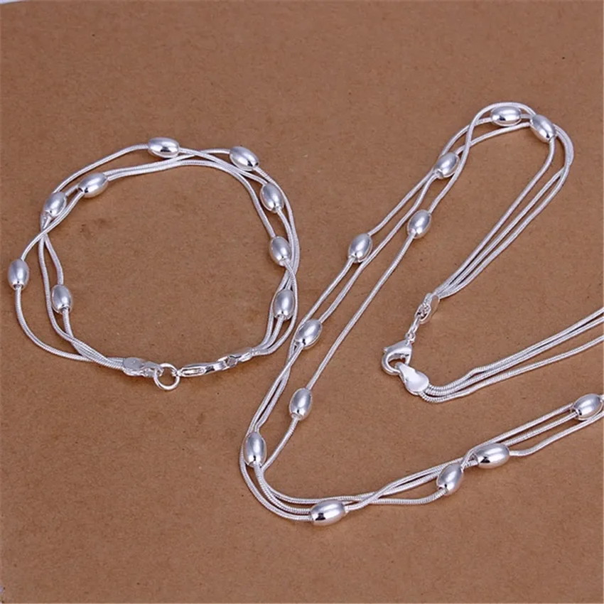 Charm 925 Sterling Silver Bracelets necklace Jewelry set for women Fringed oval beads Chain 18 inch Fashion Party Christmas Gift