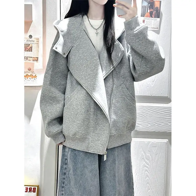

Vintage Gray Hooded Cardigan Sweatshirt for Women, New Autumn and Winter Loose-fitting Versatile Fleece Top Jacket