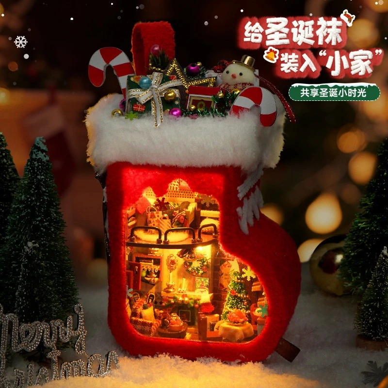 Christmas DIY Mini Cottage Stocking Ornament 3D Puzzle For Best Friend Tiny Handmade Scene Table Decor Home Display Holiday Gift