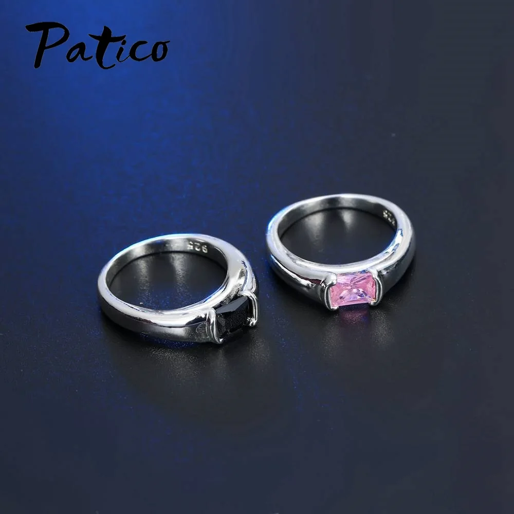 Simple Men Ring 925 Sterling Silver Wedding Rings For Women Square Black CZ Birthday Party Jewelry Russia Style Wholesale