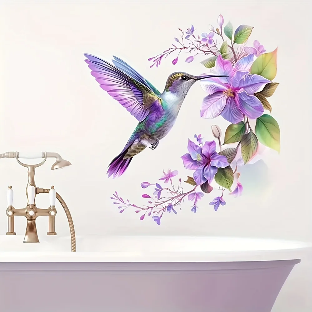 1 Purple Flower and Hummingbird Sticker, Removable Self-Adhesive Wall Decal, Suitable for Room Bedroom Wall Background Stickers view 5