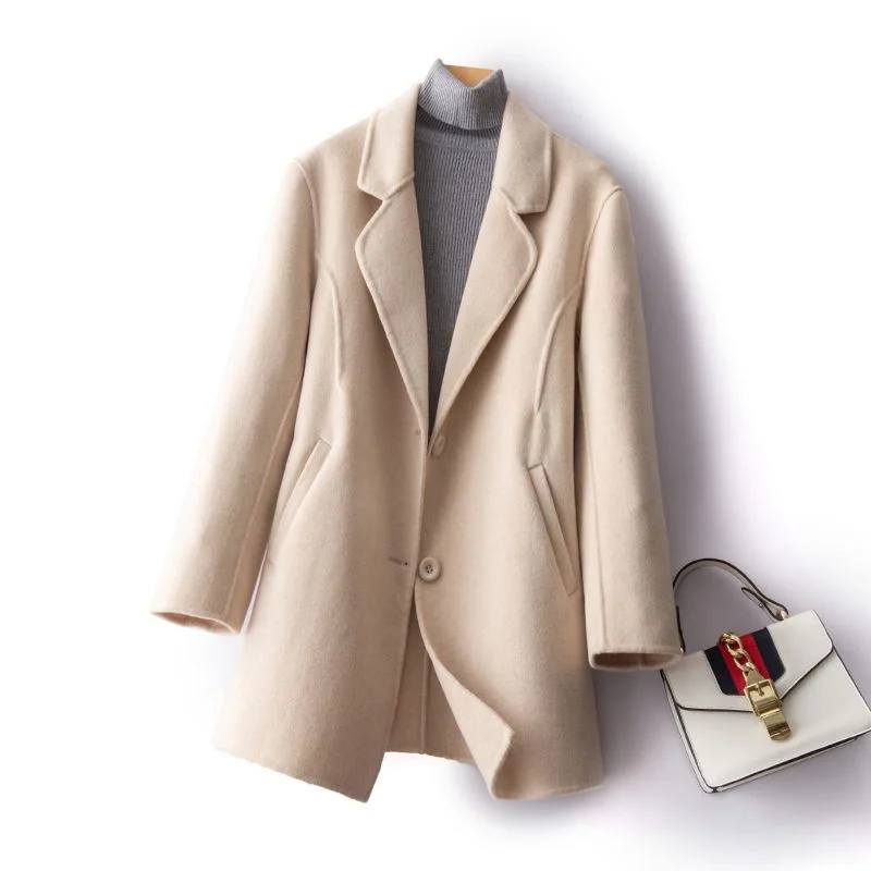 

Spring Autumn Korean Loose Mid-length Double Sided Cashmere Wool Jacket Women Solid Color Outwear Office Lady Wool Coat Female