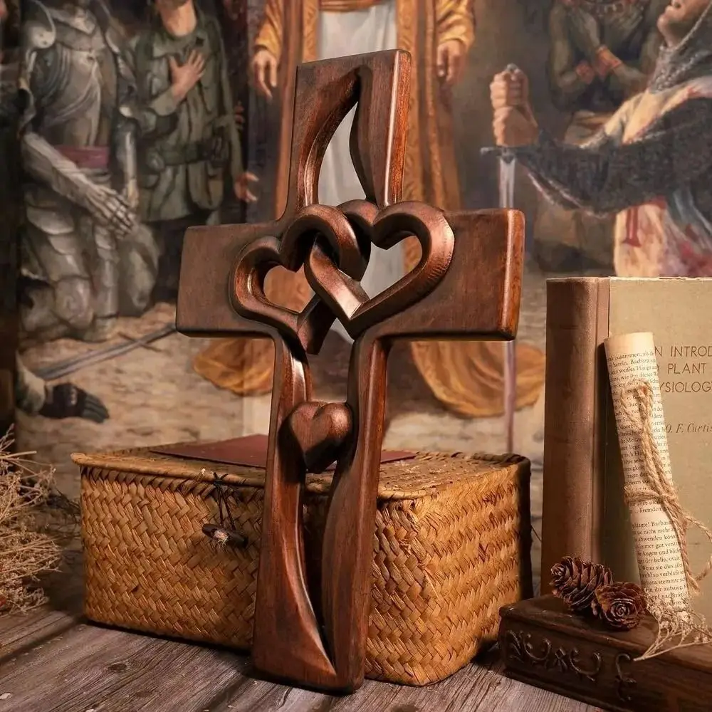 Solid Wood Intertwined Heart Wooden Cross Handmade Wooden Carved Wedding Memorial Gift Loveheart