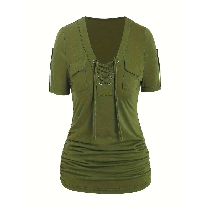 

Designed Casual Style Front and Center Eyelet Lace-Up Short Sleeve-Shirt