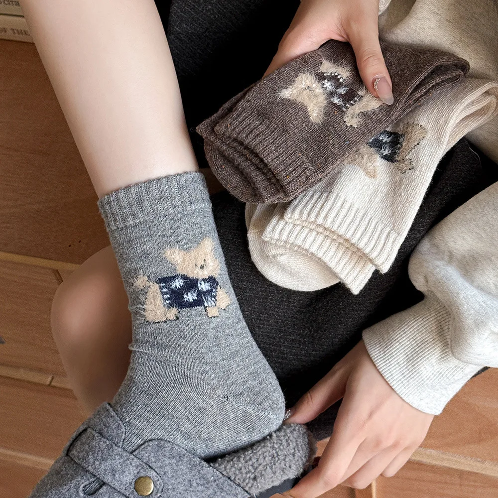 6 Pairs Wool Warm Socks Set Autumn Winter Mid-Calf Long Socks for Woman Warm Cute Cartoon Puppy Design Cotton Socks High Quality