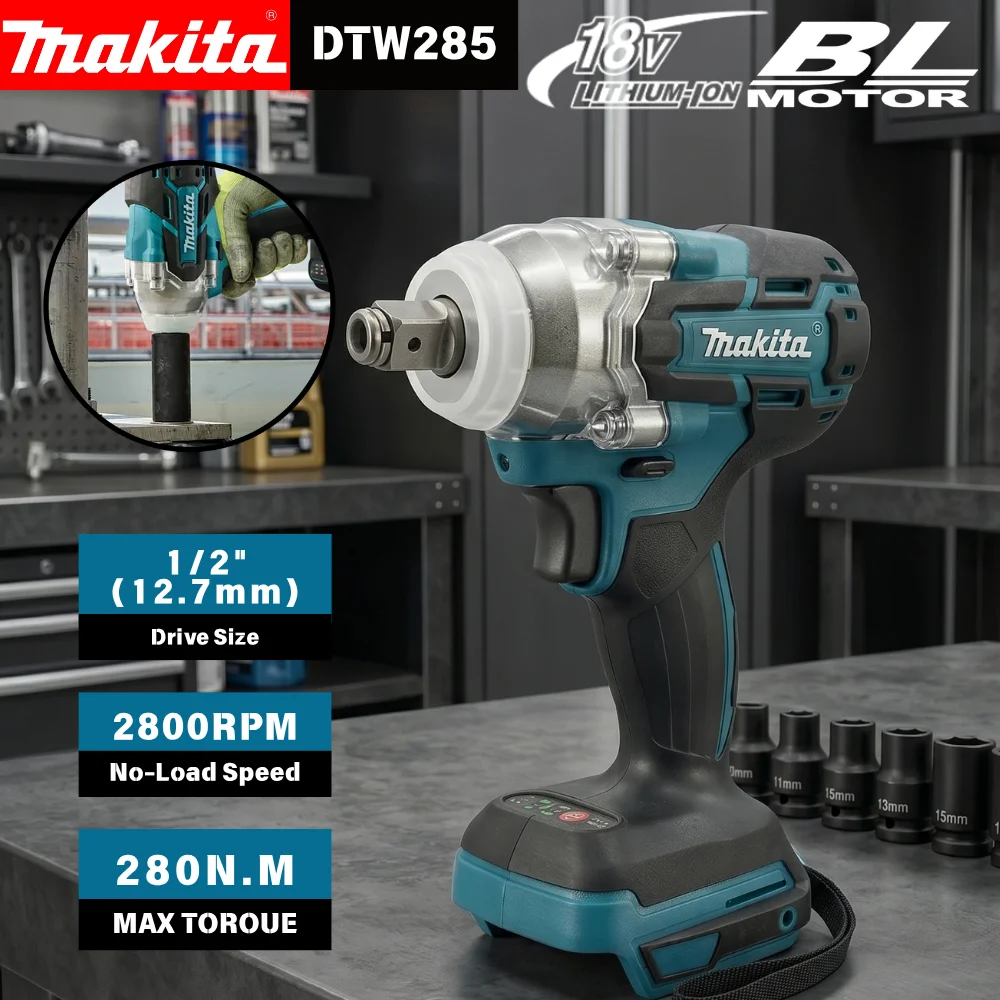 Chave de Impacto Sem Fio Makita DTW285 18V 280N·m com Motor Sem Escovas para Trabalho em Calipers de Freio e Amortecedores