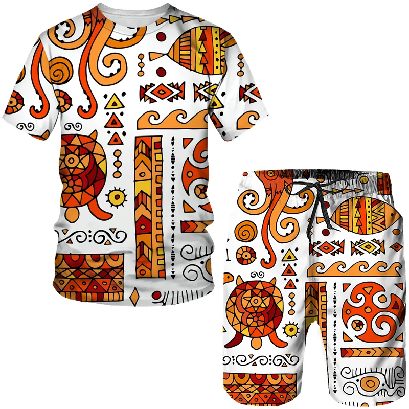 Men's Colorful African Folk-Custom 3D Print T-shirt Shorts 2pcs Suits Dashiki Ethnic Tracksuit Set for Men Sportwear Y2k Clothes