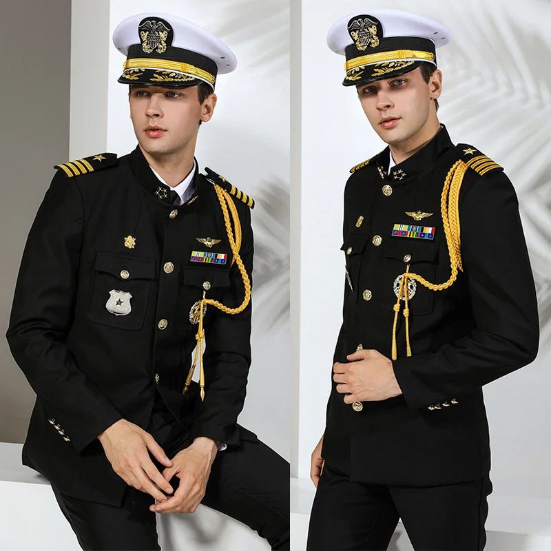 

US Navy Admiral Captain Army Officer Uniform Mandarin Collar Jacket Pants Ribbon Acceessories Flight Attendant Men Pilot Costume