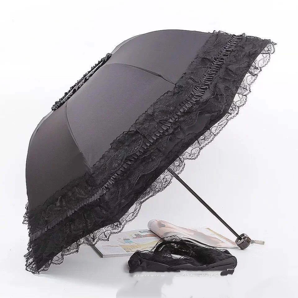 

Elegant 5‑Layer Ruffled Lace Trim Princess Parasol Black Glue UV Protection 3‑Fold Rain & Sun Dual‑use Umbrella