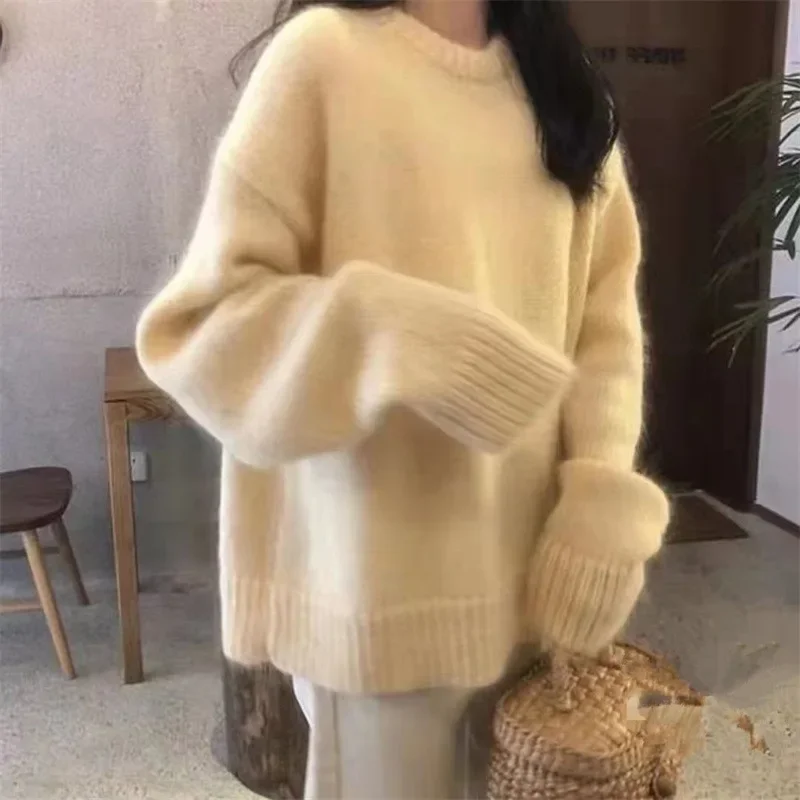 

Women's Autumn/Winter Round Neck Long-sleeve Patchwork Knit Sweater Korean Version Solid Color Gentle Loose Pullover Sweater