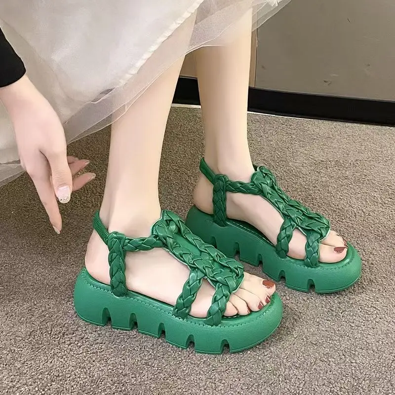 

Женские кожаные тканые сандалии на толстой подошве, летние легкие нескользящие пляжные сандалии без шнуровки на плоской подошве с открытым носком