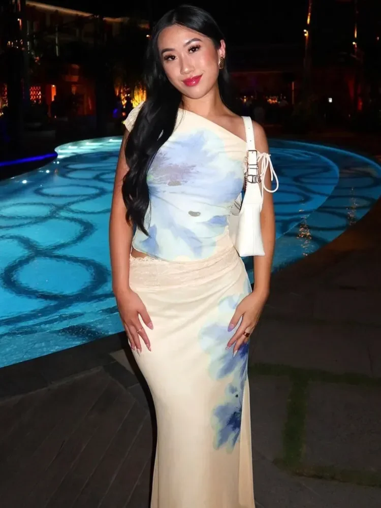 

Элегантный комплект из двух предметов: топ с асимметричным вырезом и длинная юбка, женский сексуальный комплект с кружевной шнуровкой, одежда для отпуска.