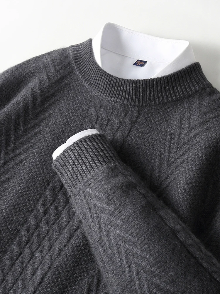 

High-end Men's Pure Wool Sweater O-neck Twist Flower Thick Pullover 100% Merino Wool Knitwear Autumn Winter Smart Casual Tops