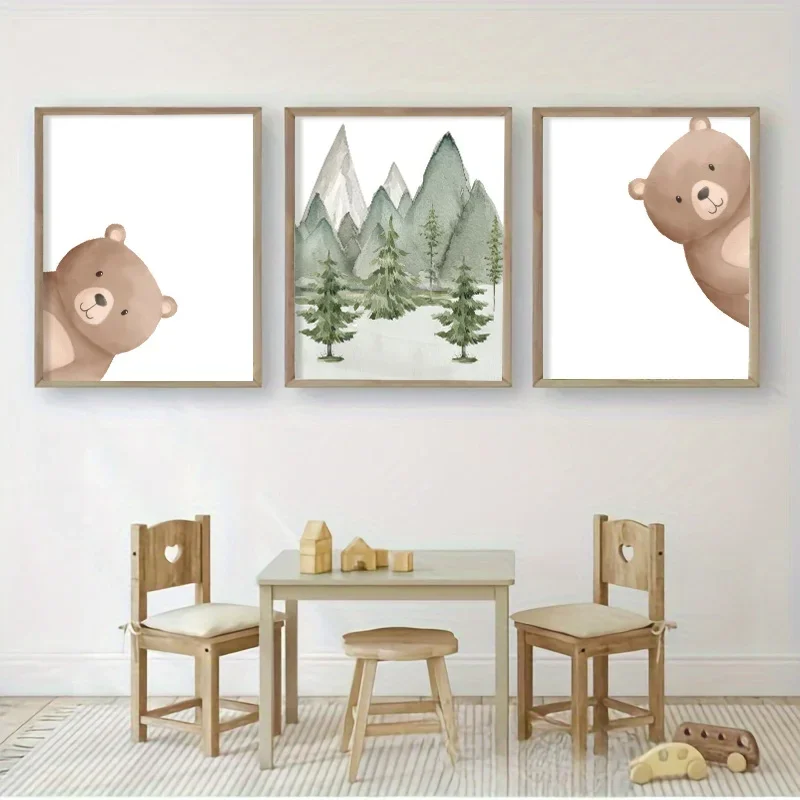 Forest Peeking Bear Print Posters Children Cute Cartoon Animal Canvas Painting Baby Bedroom Nursery Wall Art Decoration Pictures