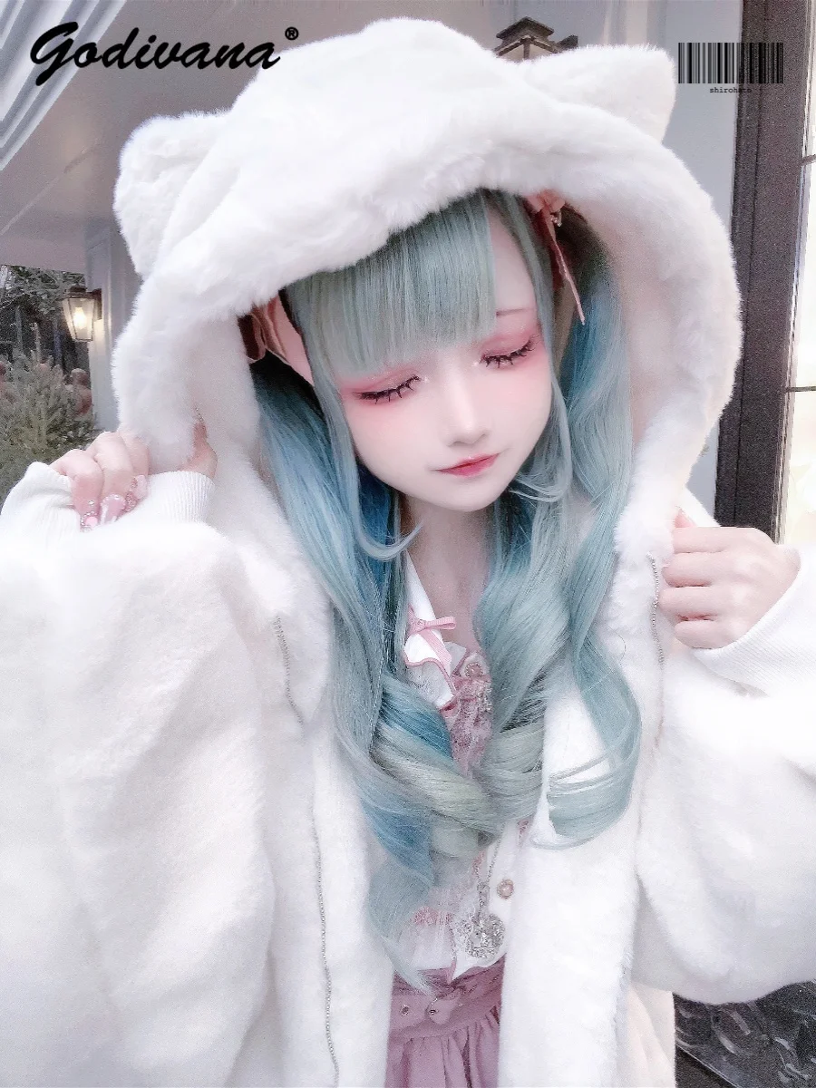 Japanese New Sweet Girls Winter Cat Ear Thick Hooded Plush Jacket Lace-up Sleeve Women Black and White Furry Fleece Coat Outwear