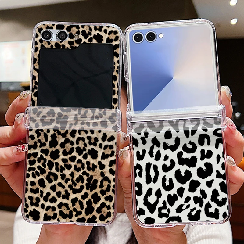 Black Leopard Pattern Phone Case For Samsung Galaxy Z Flip 7 FE 6 5 4 3 5G Folding Hard PC Clear Cover For Samsung Z Flip6 Flip7