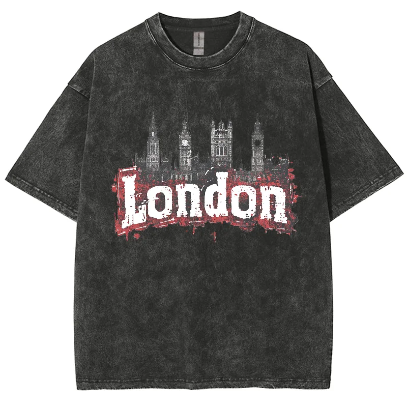 Hiphop Tiki Y2K Washed T-shirt, United Kingdom City London, Oversized Streetwear Vintage Washed T-shirts For Women Men's Top Tee