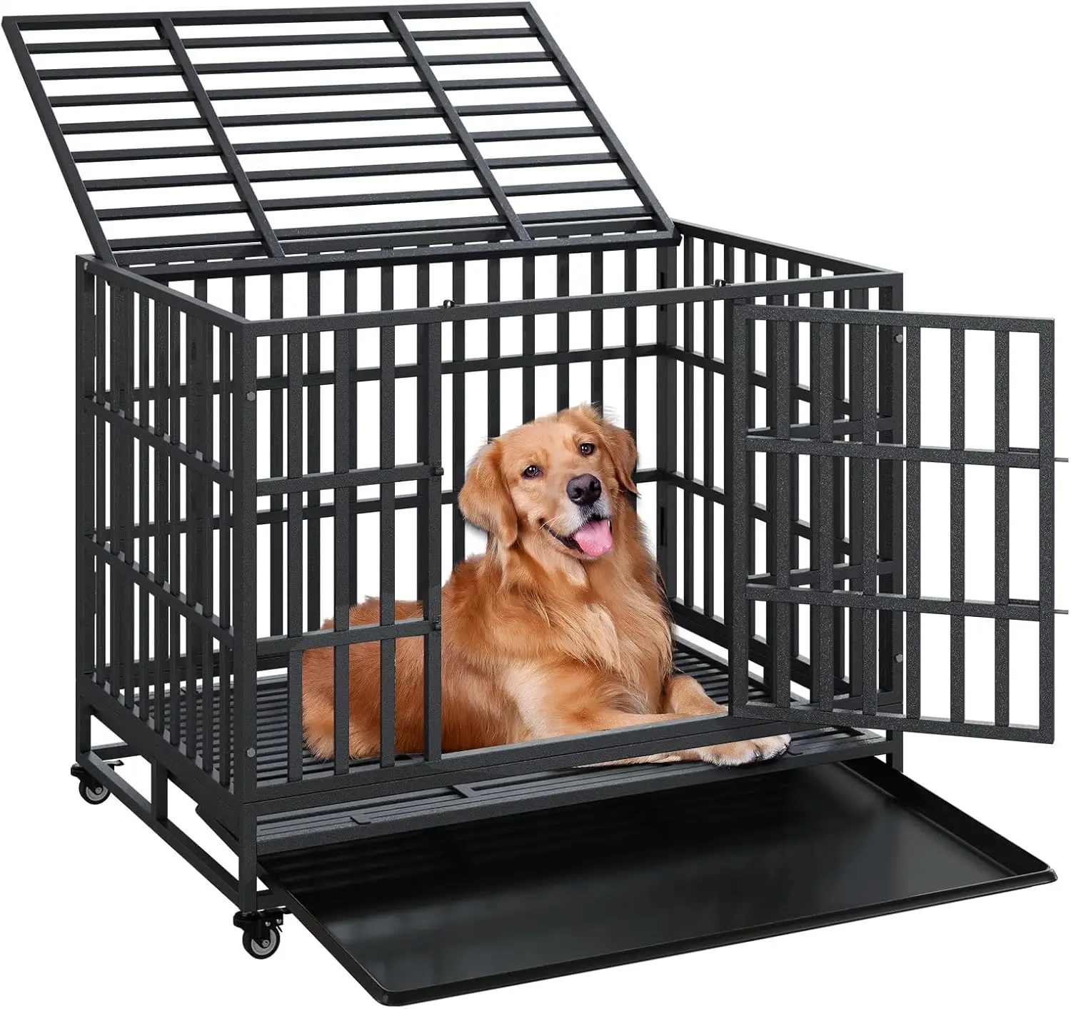 42'' Heavy Duty Dog Crate Metal Indestructible Dog Cage, Escape Proof Dog Kennel with Lockable Wheels, Removable Tray