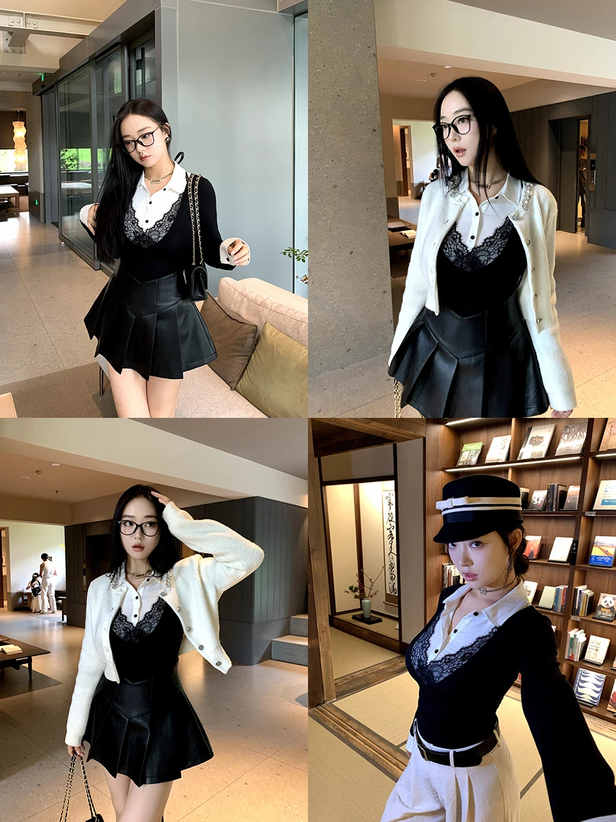 

Топ с эффектом похудения, черно-белый, с кружевной отделкой, имитация двухслойности, дизайн с вставками до плеч, дышащий, приятный для кожи, с длинными рукавами...