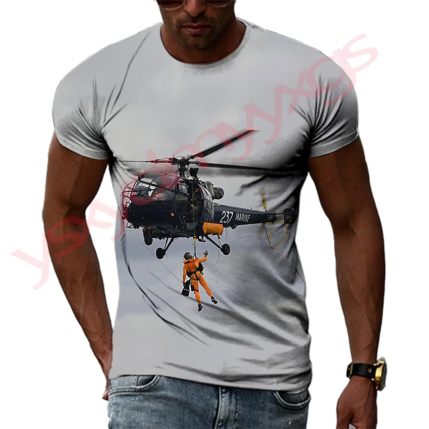 Summer Helicopter Pattern Men\'s T-shirt Hip Hop 3D Print Personality Neck Short Sleeve Fashion Clothes