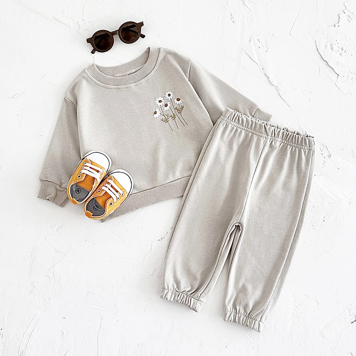 Autumn Winter Baby Clothes Set Boys Girls Warm Top Embroidered Flowers+Solid Color Pants 2Pcs Newborn Baby Sportswear 0-3Y