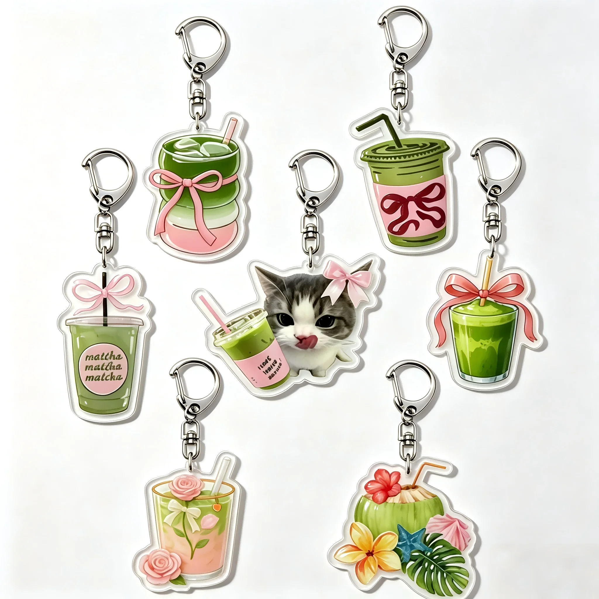 Lindo llavero de bebida de matcha, llavero de gato Kawaii, colgante estético de taza verde para bolso, colgante de moda para mujeres y niñas, regalo para amantes del té