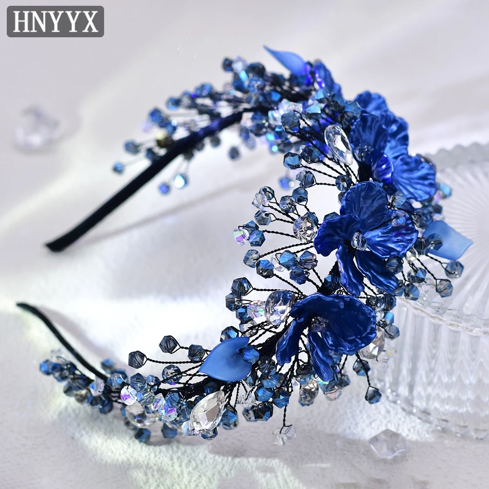 Imagem -03 - Hnyx-cristal Azul Frisada Headband Aros de Cabelo Vintage Tiara de Casamento Cocar Frisado Shell Flor Acessórios do Partido A126