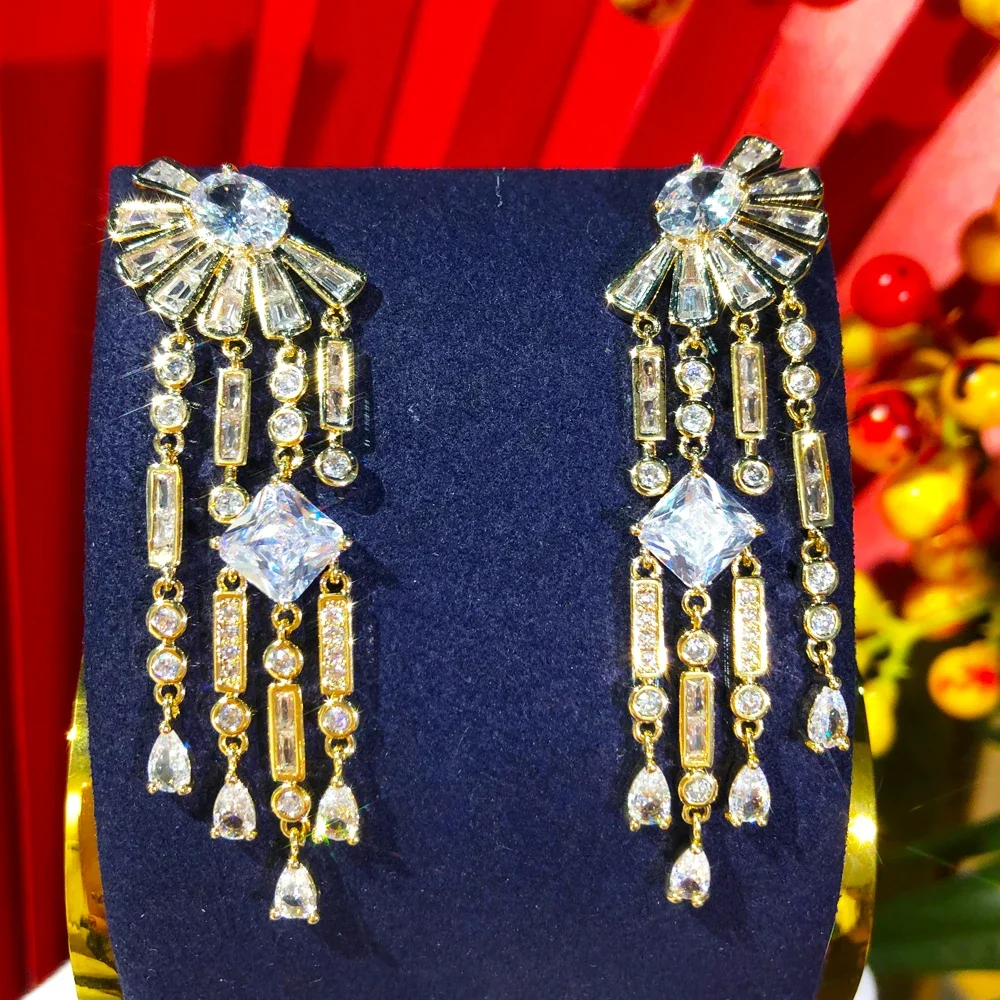 

Kellybola New Luxury Popular Long Tassel Earrings For Women Accessories Full Cubic Zirconia Earrings Pendientes Mujer Moda