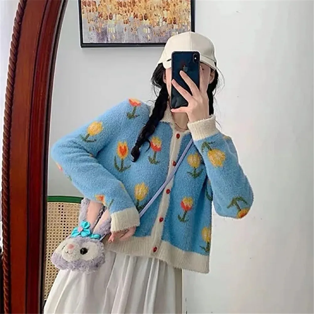 

Spring new milk blue cardigan sweater for women's cute coat, Korean style cute soft and sticky knit sweater for women's top