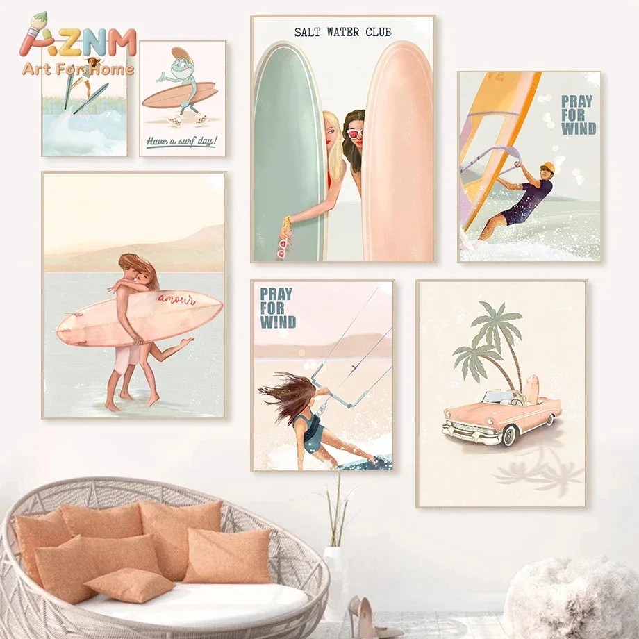 AZNM Pastel Surfing Canvas Wall Art Retro Surfboard Couple Kitesurf Palm Car Summer Beach Coastal Unframed Canvas Poster
