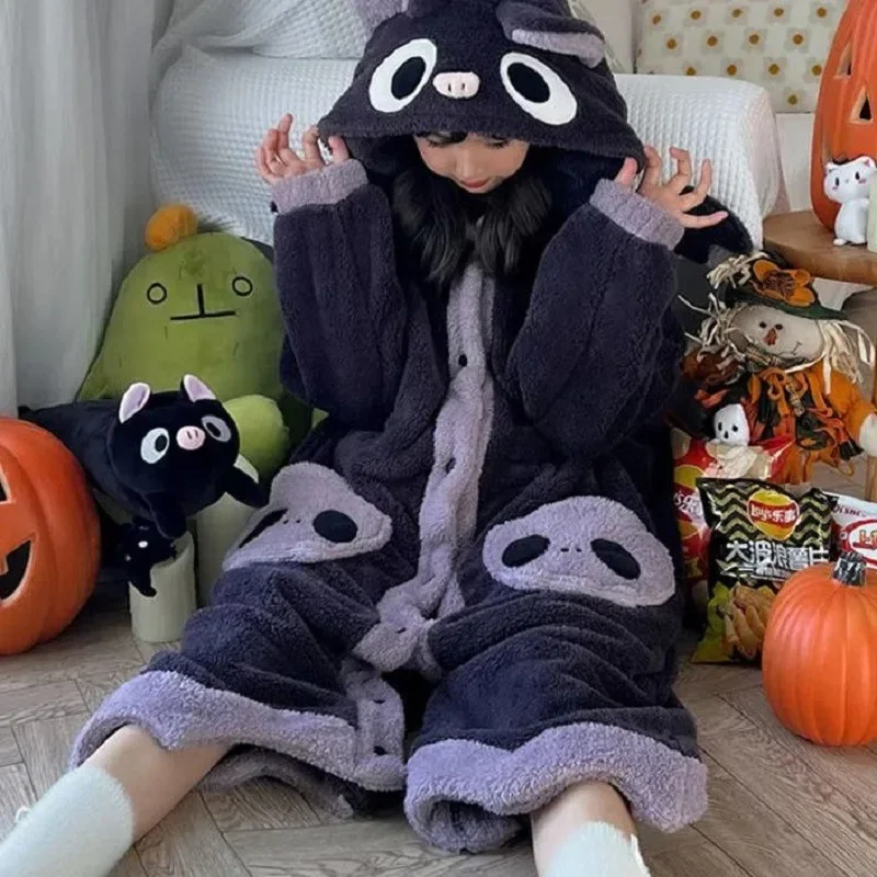 Soft Onesies Cartoon Robe Pajamas for Adults Flannel Sleepwear Fish Winter Party Halloween Homewear Fox Panda Women Bathrobe