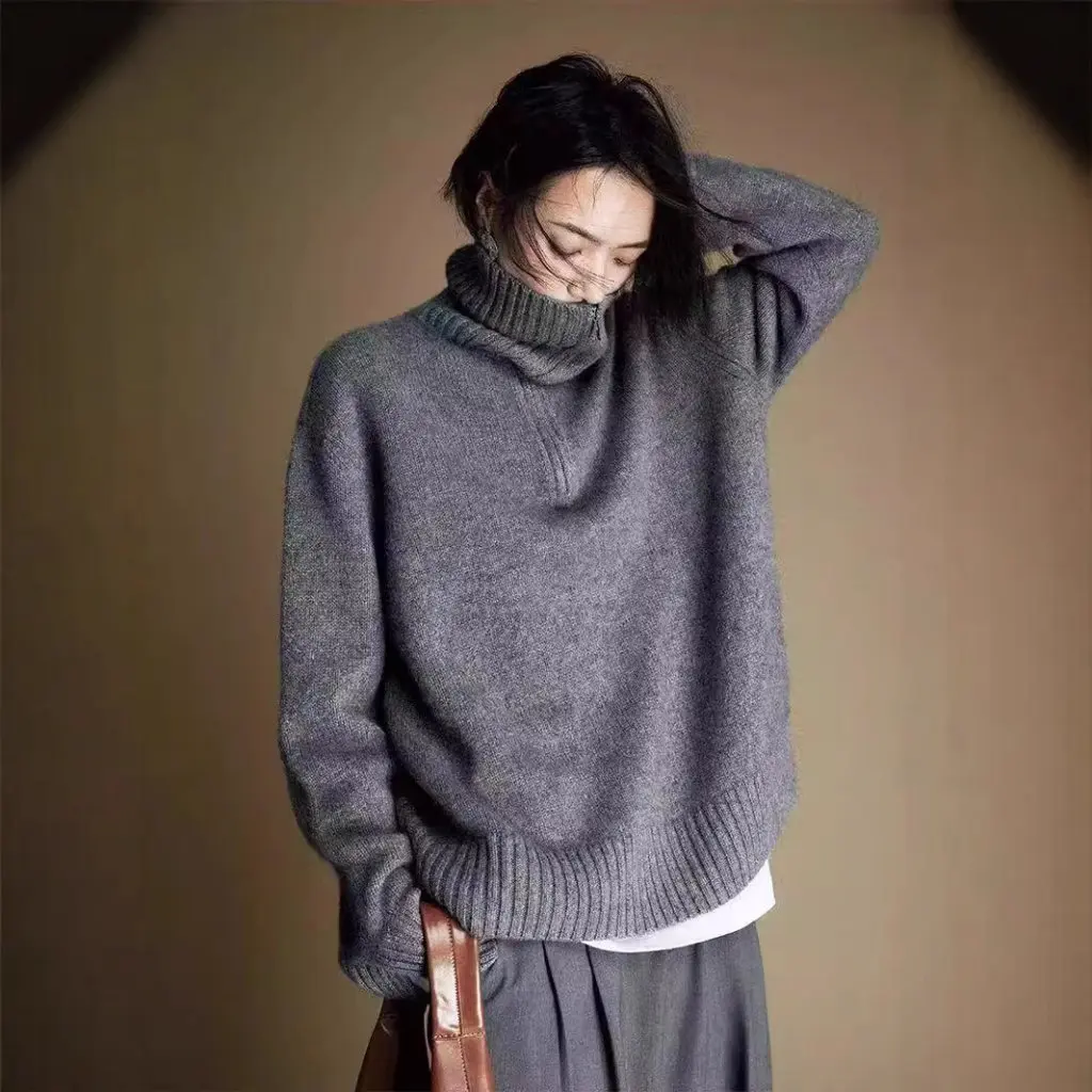 

Design Sense Women's Grey Knitted Cardigan Thickened Large Lapel Retro Zipper Loose Fit for Autumn Winter