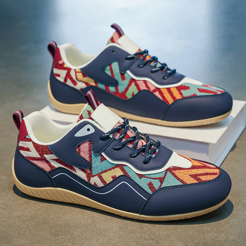 

Men's Navy Blue Ethnic Geometric Pattern Casual Shoes Retro Flat Sneakers Breathable Lightweight Non-slip Daily Walking Trainers