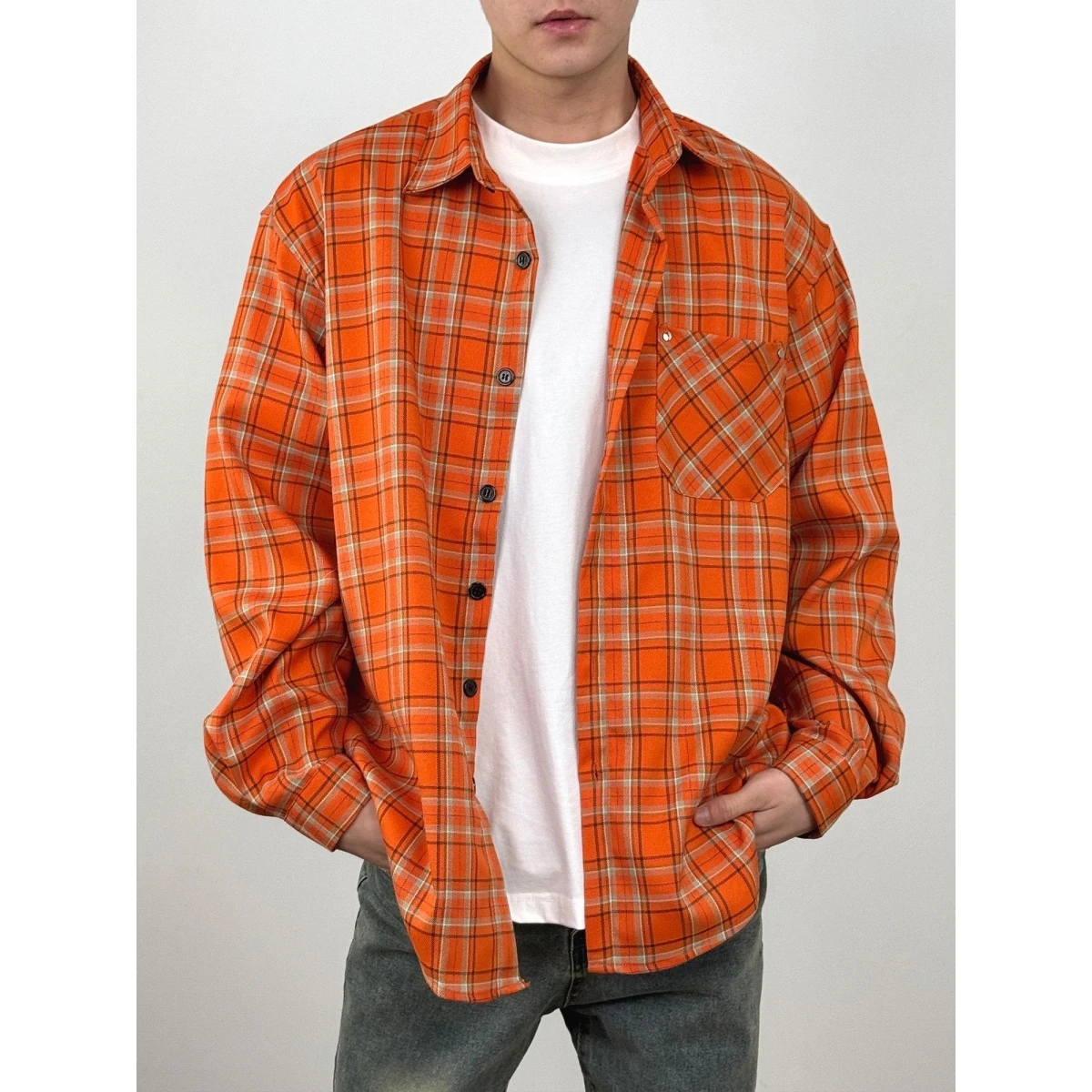 

American Retro Long Sleeve Orange Plaid Men's Casual Loose Couple High Street Shirt Coat Youth Popular Loose Fit Shirt