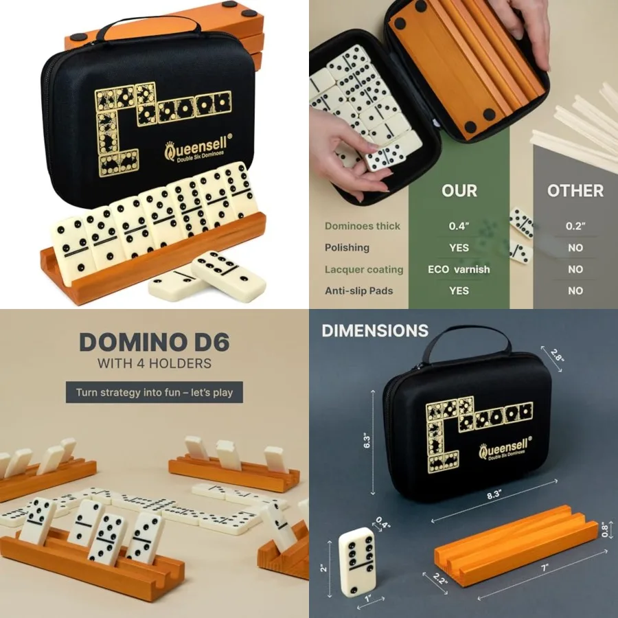 

Dominos Set for Adults with 4 Domino Racks - Double 6 Dominoes Set with Domino Holder, Classic Board Games for and Adults - Dou