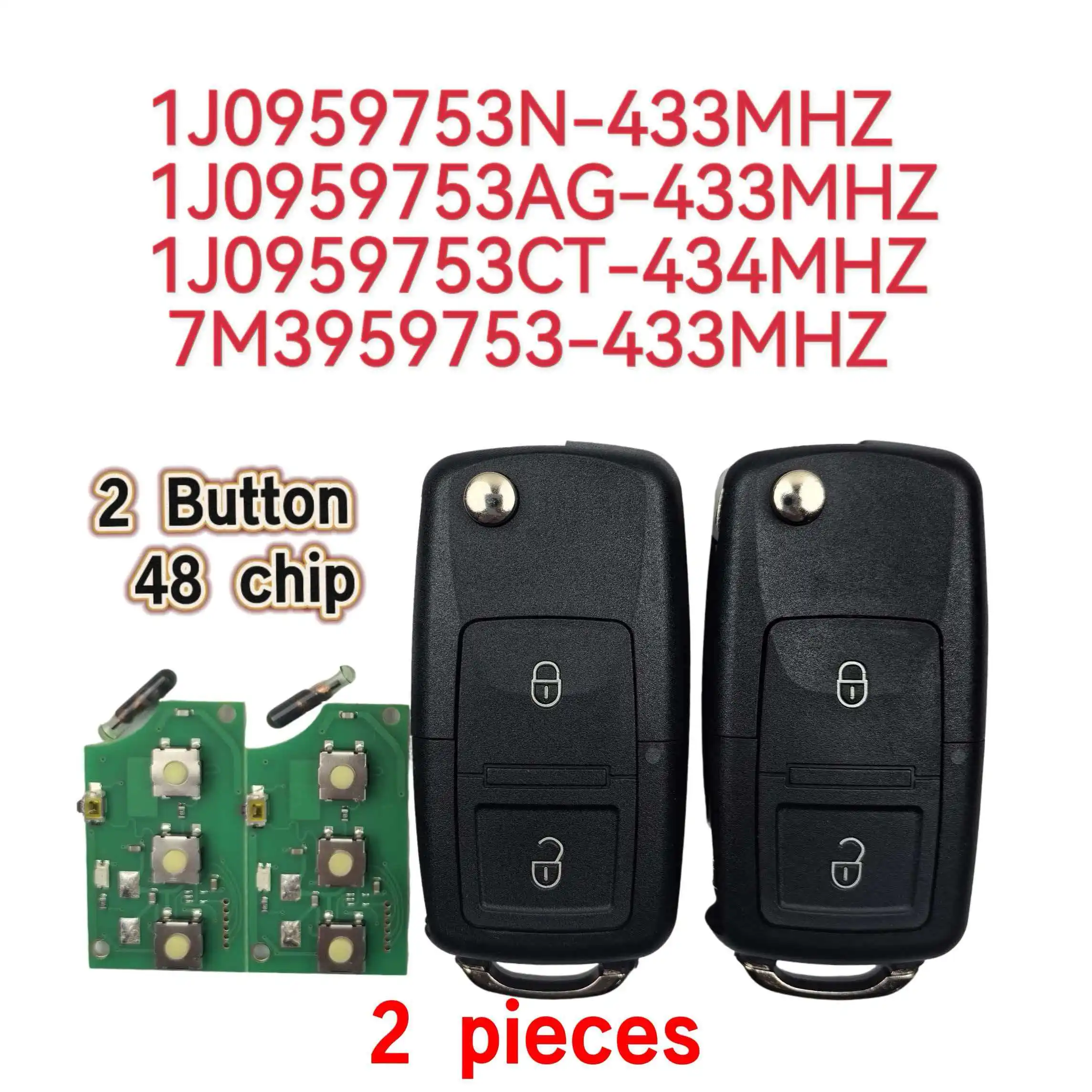 2/5 Stück 2-Tasten 433/434MHz ID48 Chip 7M3959753/1J0959753AG/753CT/753N für VW Bora Golf Polo Passat Touran Seat Skoda Autoschlüssel