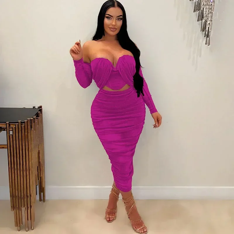 Sexy Party Night 2 Piece Outfit Set Women Y2K Clothing Mesh Ruched Strapless Crop Top and Skirt Clubwear Bodycon Maxi Dress Sets