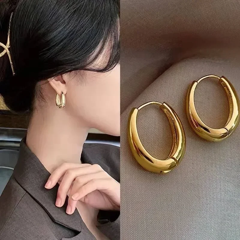 Classic Copper Alloy Smooth Metal Hoop Earrings for Woman Fashion Korean Jewelry Party Temperament Girl's Daily Wear Earrings