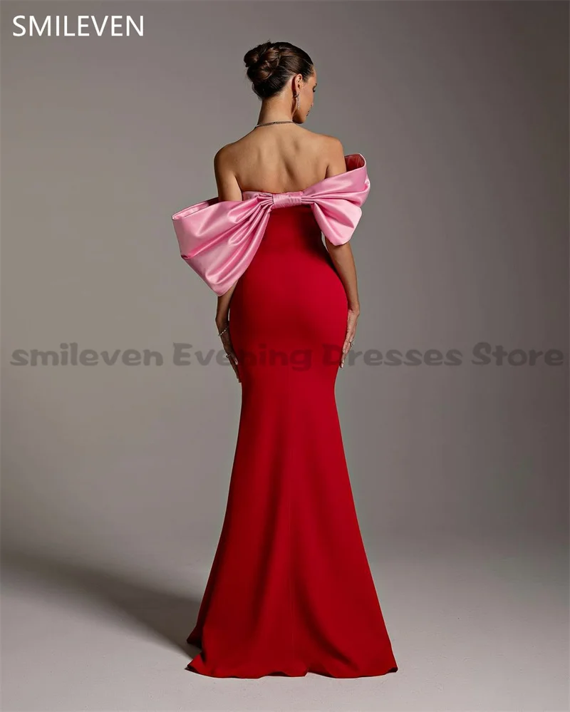 Smileven Red Mermaid Prom Dress Sexy Back Pink Bow Off The Shoulder Formal Evening Gowns Pleats Wedding Party Dress Customized