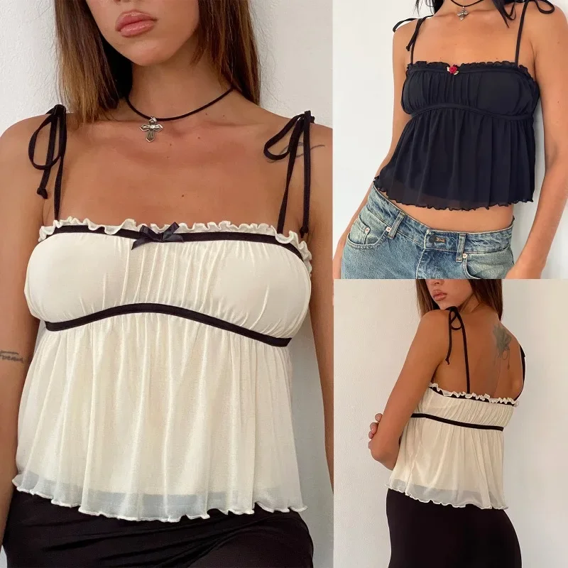 Fashionable Retro Women's Ruffled Edge Patchwork Sleeveless Lace Up Vest with Bow and Pleated Summer Mini Vest Party Top YDL11