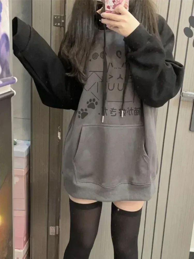 Japanese Kawaii Y2k Aesthetic Patchwork Thick Warm Hoodies Women Vintage Cartoon Print Streetwear Harajuku Loose Sweatshirt Tops