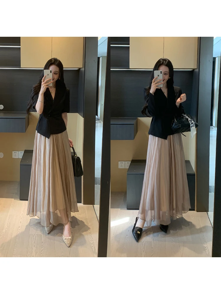 

Romantic Spring Suit Jacket And Mesh Skirt Slimming Set Women's Fashion Ensemble Casual Style Long Sleeve Polyester